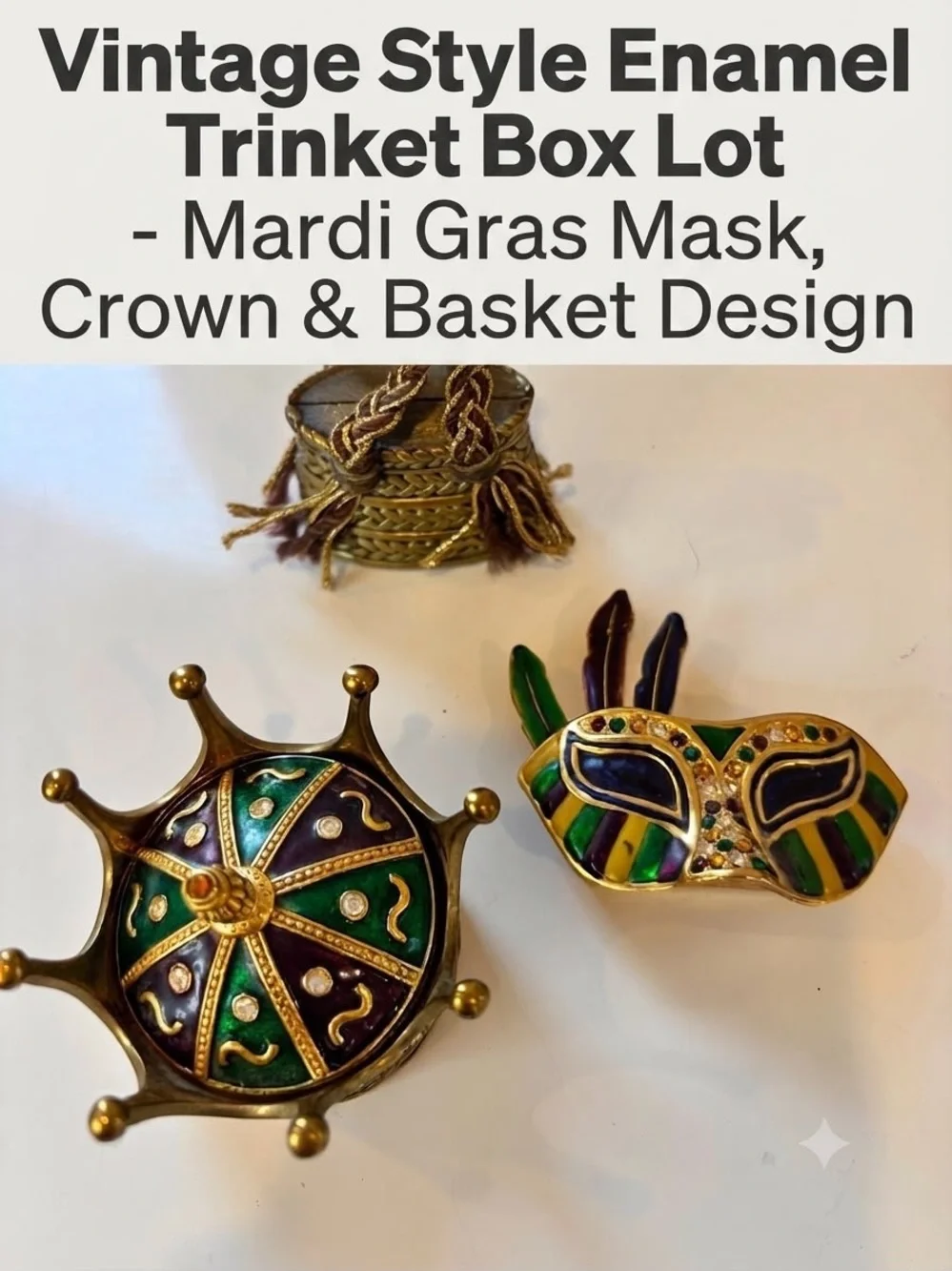 Mardi Gras Enamel Trinket Box Lot - Mask, Crown, and Woven Basket Designs